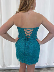 Strapless Turquoise Appliques Bodycon Short Homecoming Dress