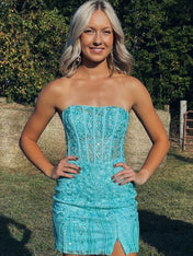 Strapless Turquoise Appliques Bodycon Short Homecoming Dress