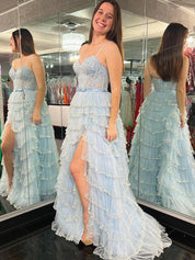 Straps Floral Sequined Multi-Tiered Long Prom Dress with Slit