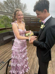 Straps Print Sleeveless Ruffles Prom Dress with Slit