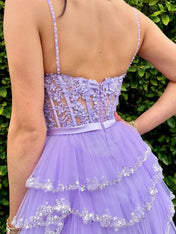 Straps Floral Sequined Multi-Tiered Long Prom Dress with Slit