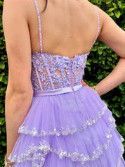 Straps Floral Sequined Multi-Tiered Long Prom Dress with Slit