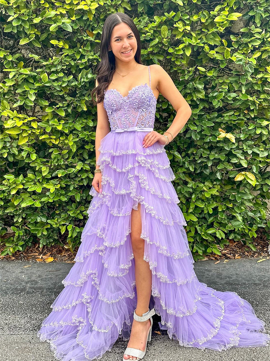 Straps Floral Sequined Multi-Tiered Long Prom Dress with Slit