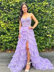 Straps Floral Sequined Multi-Tiered Long Prom Dress with Slit