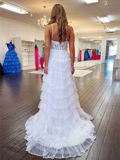 Straps Floral Sequined Multi-Tiered Long Prom Dress with Slit