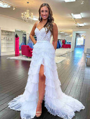 Straps Floral Sequined Multi-Tiered Long Prom Dress with Slit
