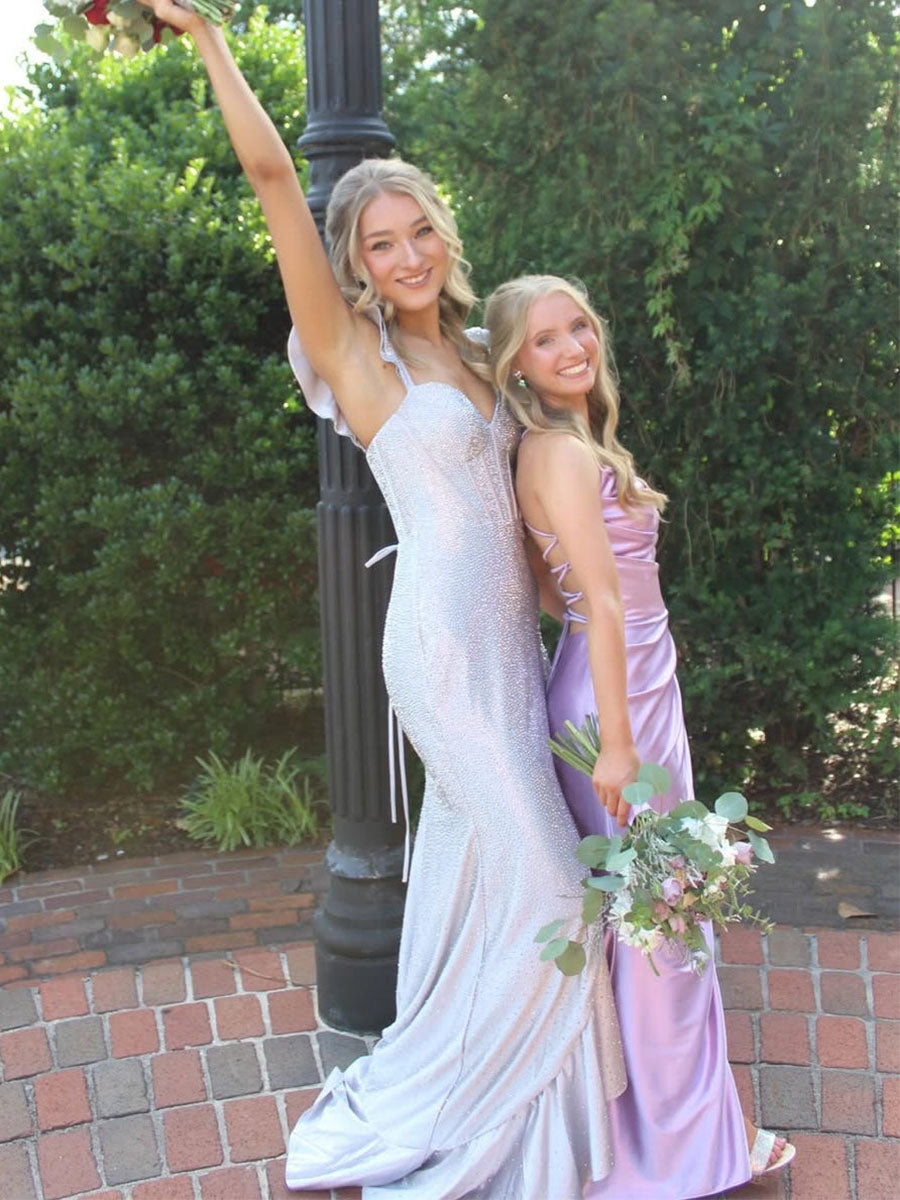 Straps Ruched Mermaid Long Prom Dress with Slit