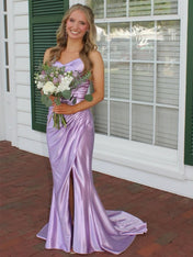 Straps Ruched Mermaid Long Prom Dress with Slit