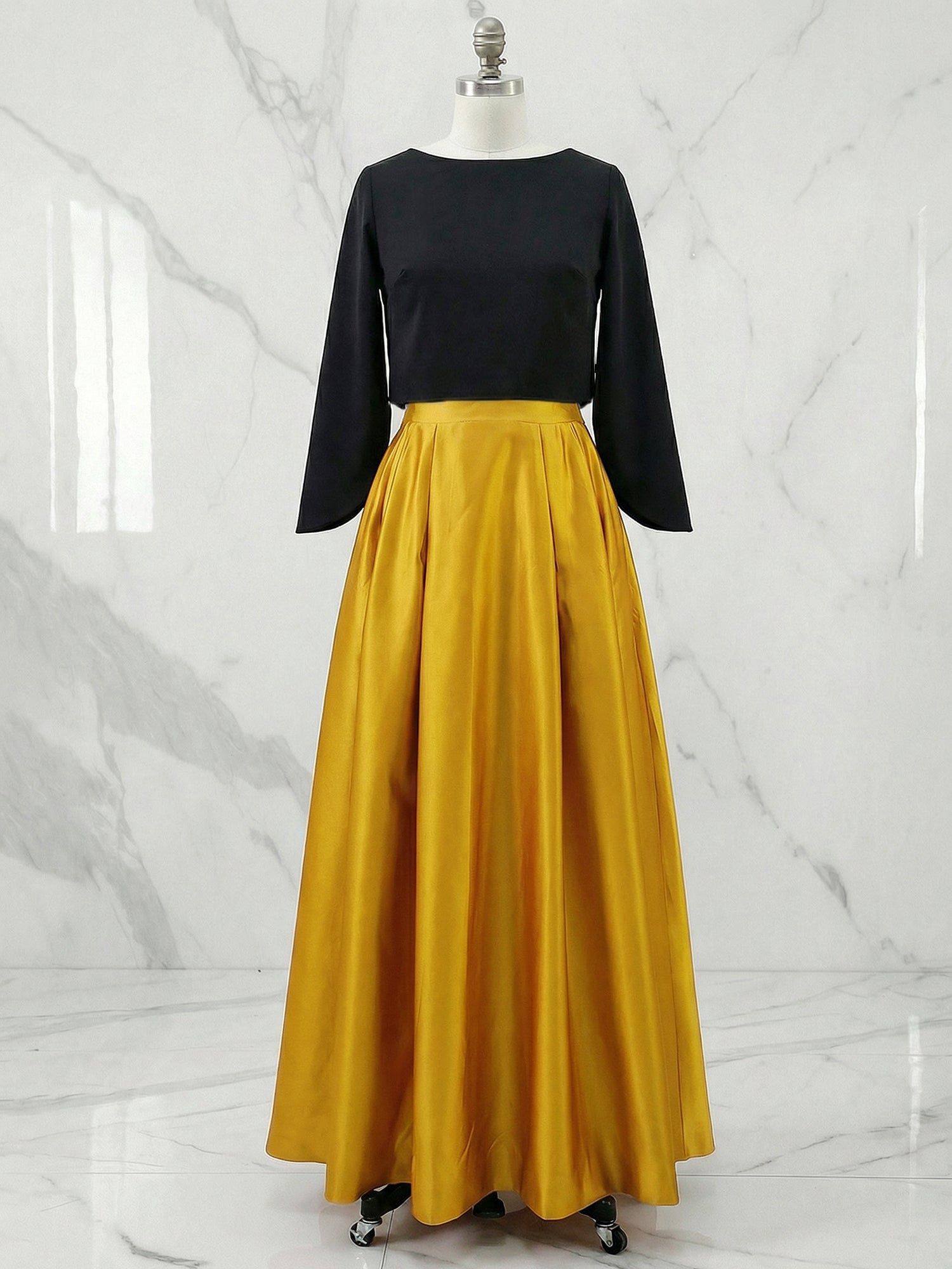 Striking Black and Gold Two-Tone Satin Pocket Evening Gown Dress