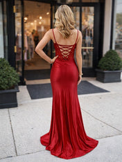 Striking Red Beaded Corset Satin Prom Dress with Slit