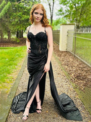 Green Mermaid Spaghetti Straps Bodice Long Prom Dress with Beads