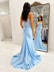 Stunning Baby Blue Satin Corset Prom Dress with Embellished Bow
