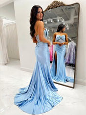 Stunning Baby Blue Satin Corset Prom Dress with Embellished Bow