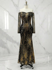 Stunning Black Off-the-Shoulder Starburst Sequin Mermaid Prom Dress