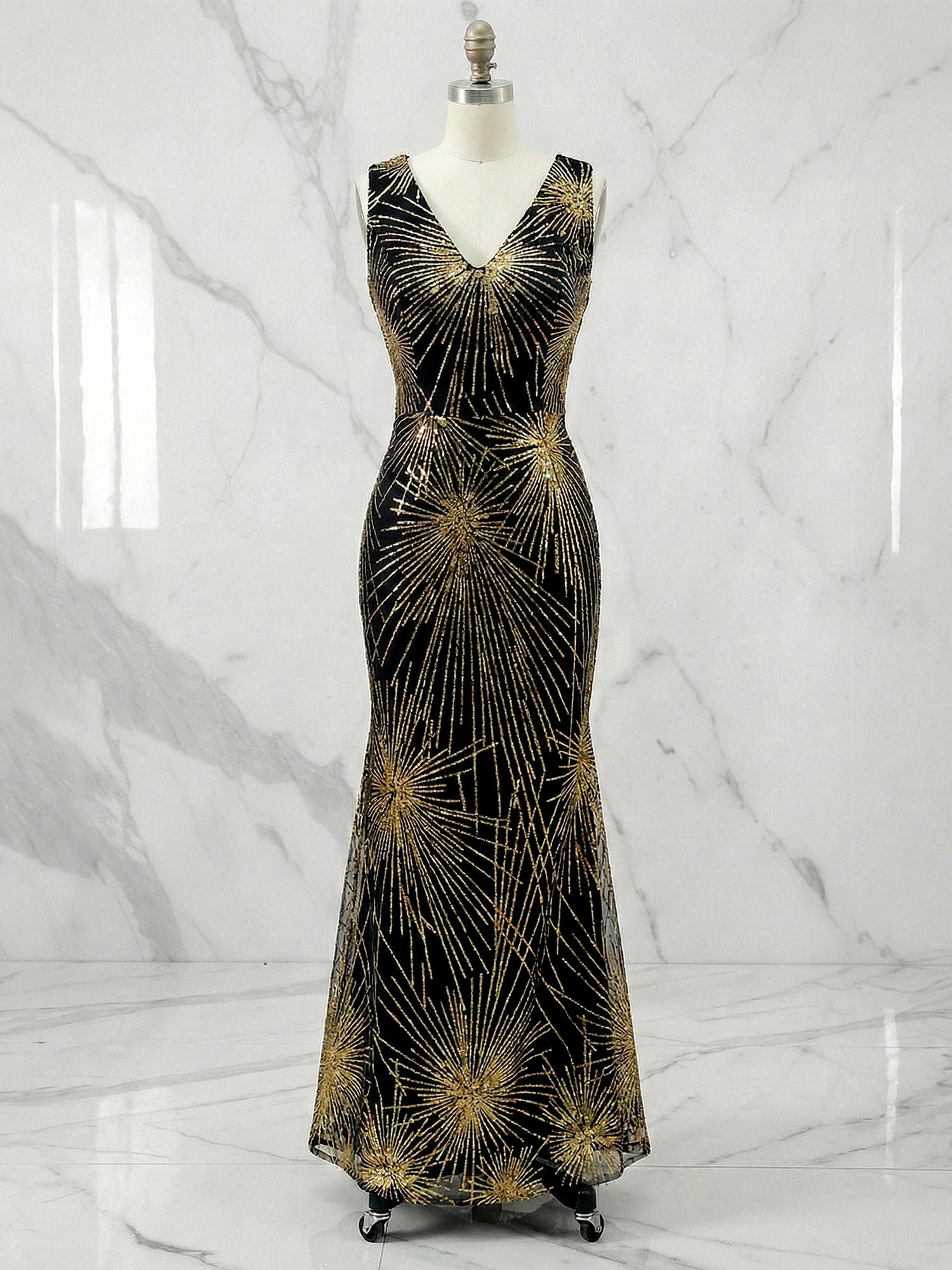 Stunning Black Starburst Sequin Mermaid Long Prom Dress