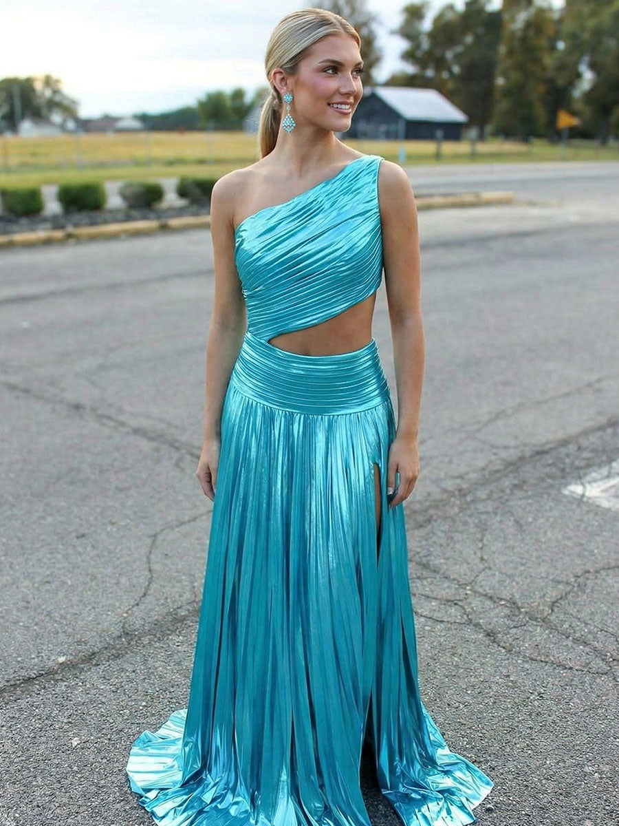 Stunning Metallic Turquoise One-Shoulder Pleated Cutout Prom Dress