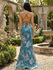 Stunning Teal Floral Sequin V-Neck Spaghetti Strap Prom Dress