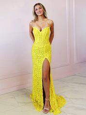 Yellow Mermaid Strapless Lace Long Prom Dress with Slit