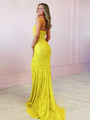 Yellow Mermaid Strapless Lace Long Prom Dress with Slit