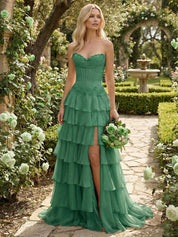 Sunshine Cascade Strapless Tiered Corset Prom Dress with Slit