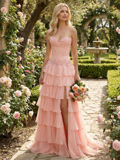 Sunshine Cascade Strapless Tiered Corset Prom Dress with Slit