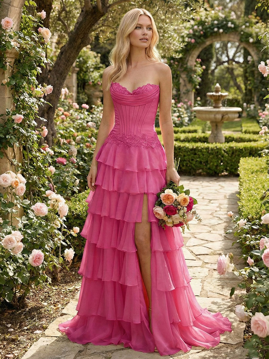 Sunshine Cascade Strapless Tiered Corset Prom Dress with Slit