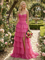 Sunshine Cascade Strapless Tiered Corset Prom Dress with Slit