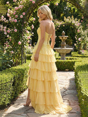 Sunshine Cascade Strapless Tiered Corset Prom Dress with Slit