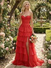 Sunshine Cascade Strapless Tiered Corset Prom Dress with Slit