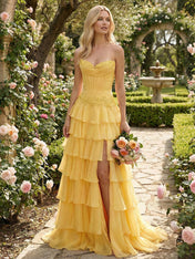 Sunshine Cascade Strapless Tiered Corset Prom Dress with Slit