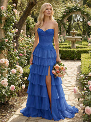 Sunshine Cascade Strapless Tiered Corset Prom Dress with Slit