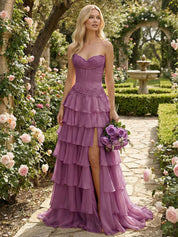 Sunshine Cascade Strapless Tiered Corset Prom Dress with Slit