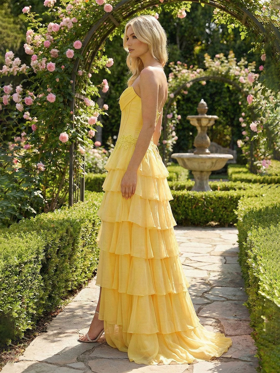 Sunshine Cascade Strapless Tiered Corset Prom Dress with Slit