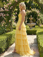 Sunshine Cascade Strapless Tiered Corset Prom Dress with Slit