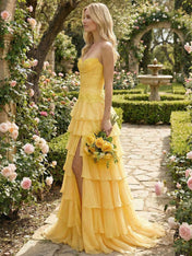 Sunshine Cascade Strapless Tiered Corset Prom Dress with Slit