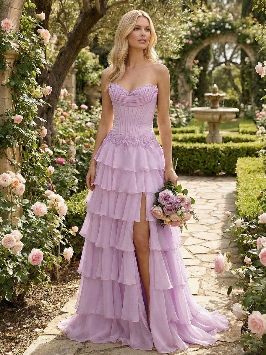 Sunshine Cascade Strapless Tiered Corset Prom Dress with Slit