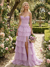 Sunshine Cascade Strapless Tiered Corset Prom Dress with Slit