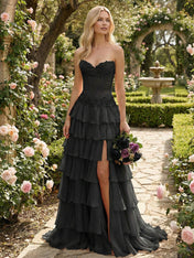 Sunshine Cascade Strapless Tiered Corset Prom Dress with Slit