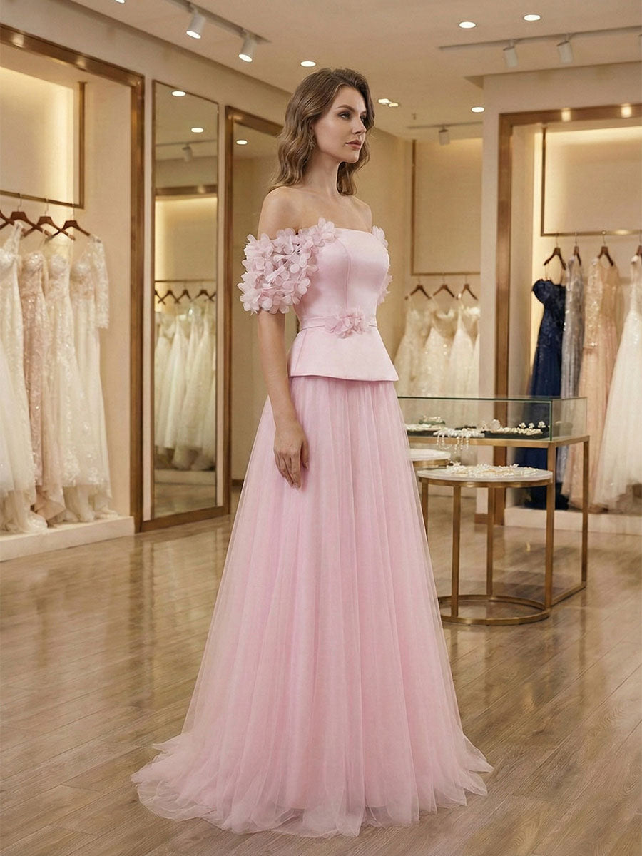 Sweet Light Pink Peplum Tulle Prom Dress with Floral Sleeves