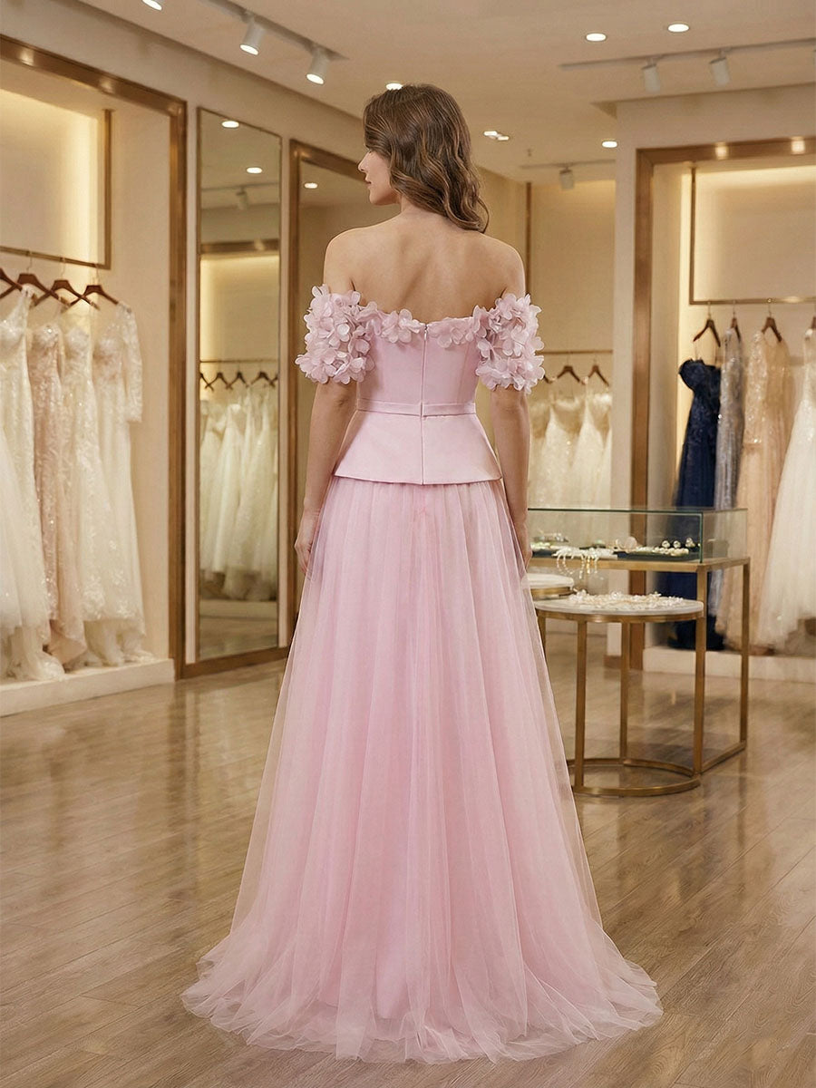 Sweet Light Pink Peplum Tulle Prom Dress with Floral Sleeves