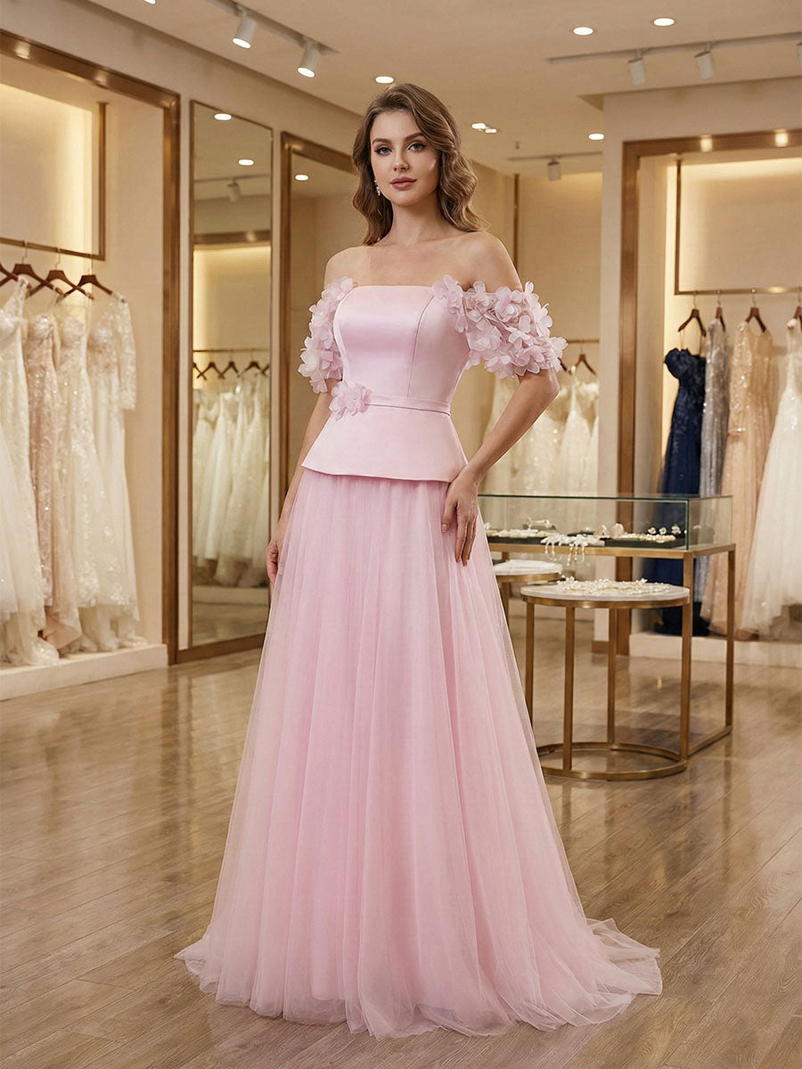Sweet Light Pink Peplum Tulle Prom Dress with Floral Sleeves