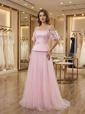 Sweet Light Pink Peplum Tulle Prom Dress with Floral Sleeves