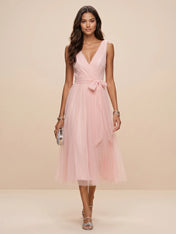 Sweet Light Pink V-Neck Ruched Mesh A-Line Midi Dress Bridesmaid Dress