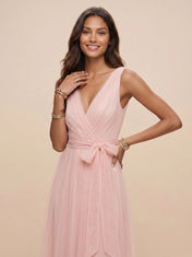 Sweet Light Pink V-Neck Ruched Mesh A-Line Midi Dress Bridesmaid Dress