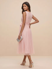 Sweet Light Pink V-Neck Ruched Mesh A-Line Midi Dress Bridesmaid Dress