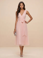 Sweet Light Pink V-Neck Ruched Mesh A-Line Midi Dress Bridesmaid Dress