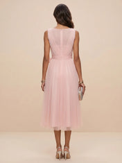 Sweet Light Pink V-Neck Ruched Mesh A-Line Midi Dress Bridesmaid Dress
