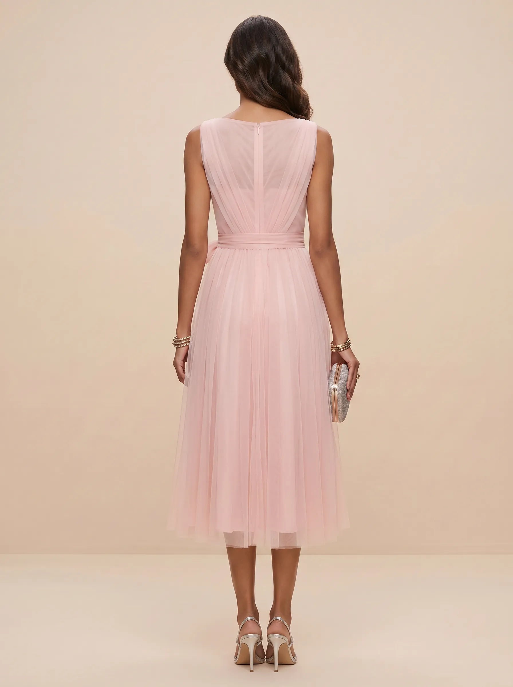 Sweet Light Pink V-Neck Ruched Mesh A-Line Midi Dress Bridesmaid Dress