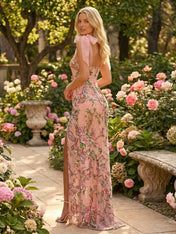 Sweet Pink Floral Embroidered Prom Dress with Tulle Tie Straps