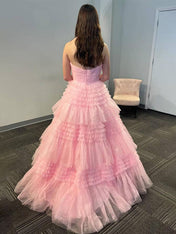 Sweet Pink One-Shoulder Tiered Tulle Long Prom Dress
